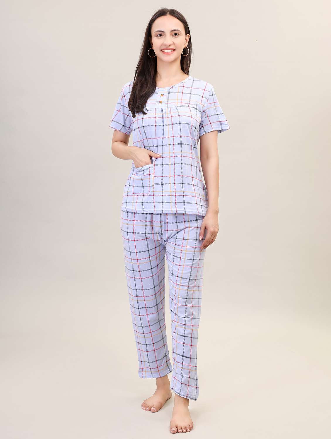 women short sleeve checks pyjama nightwear set