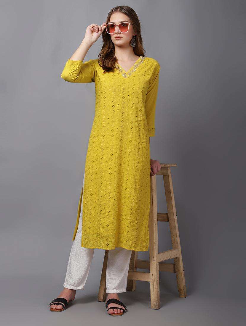 women mustard v neck schiffli straight kurta