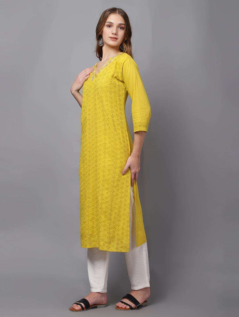 women mustard v neck schiffli straight kurta - 21467411 -  Standard Image - 3