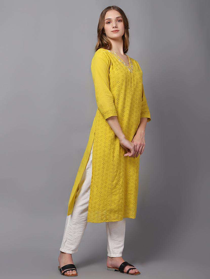 women mustard v neck schiffli straight kurta - 21467411 -  Standard Image - 5