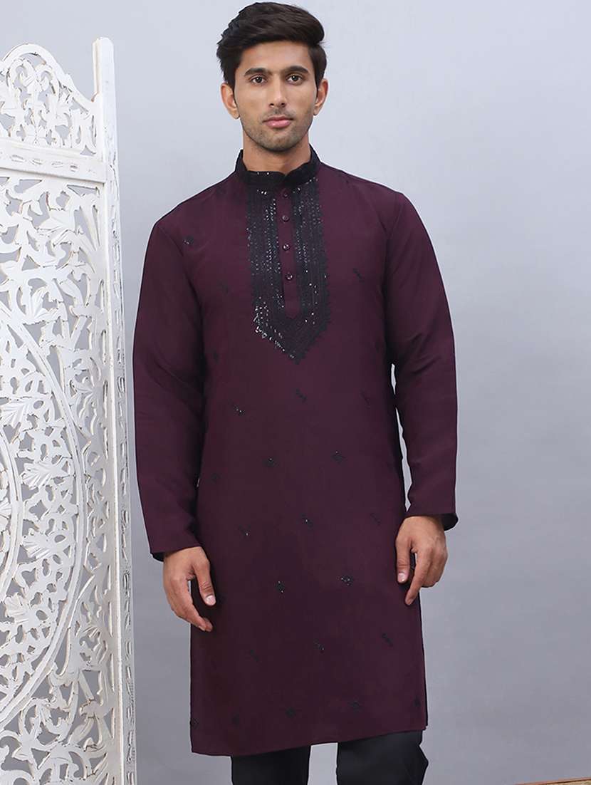 men solid with work mandarin neck long kurta