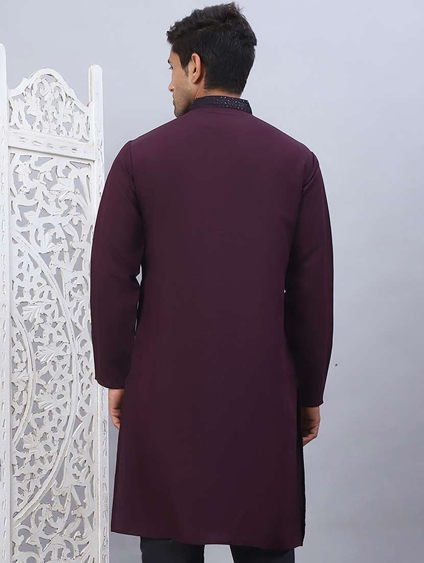 men solid with work mandarin neck long kurta - 21467714 -  Standard Image - 3