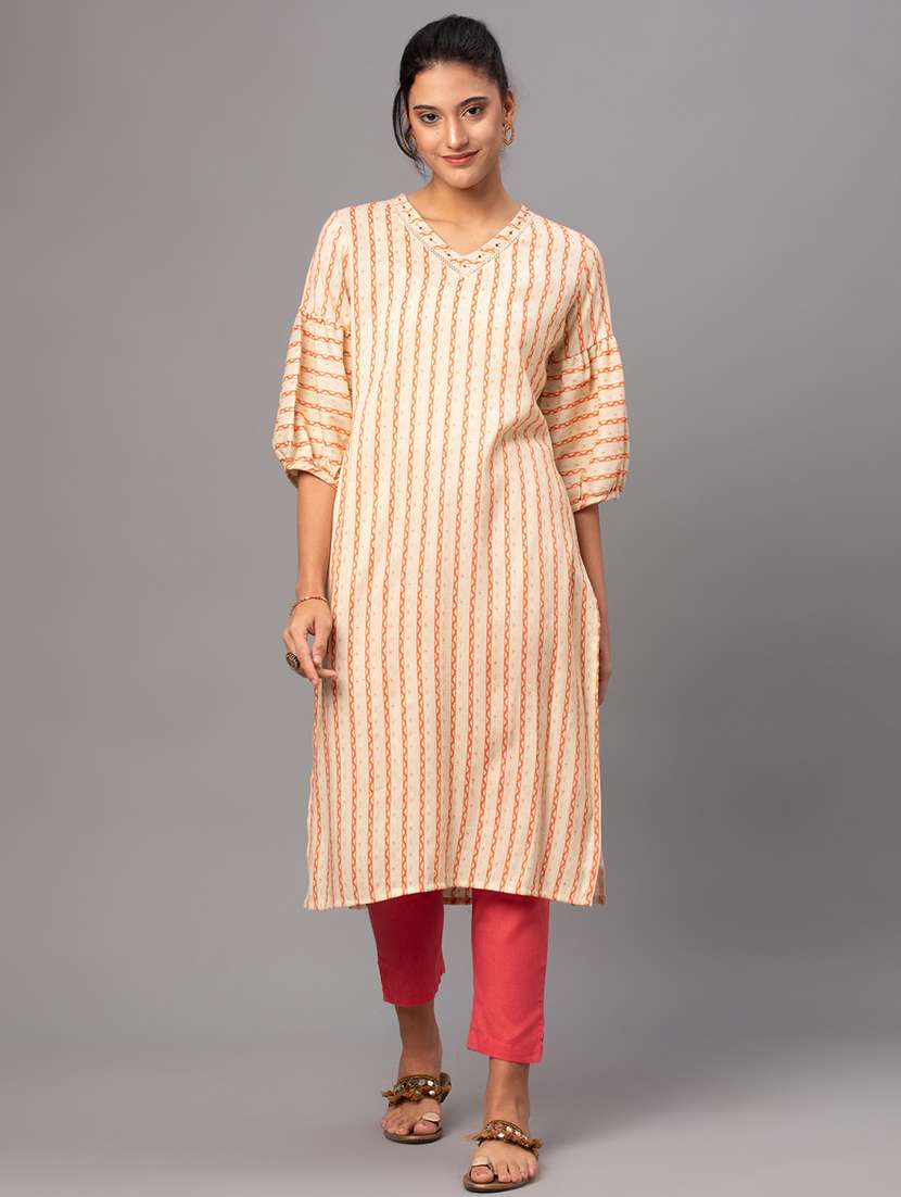 women v-neck printed straight kurta