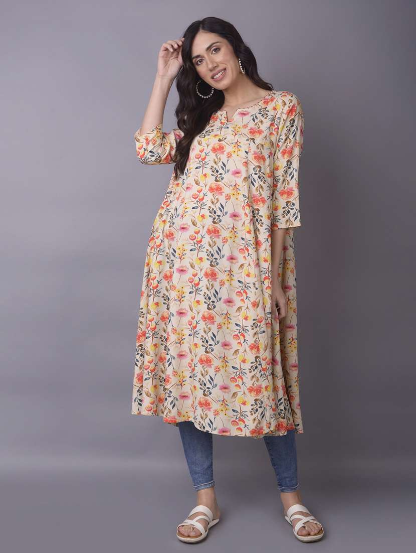 women beige floral printed a-line kurta