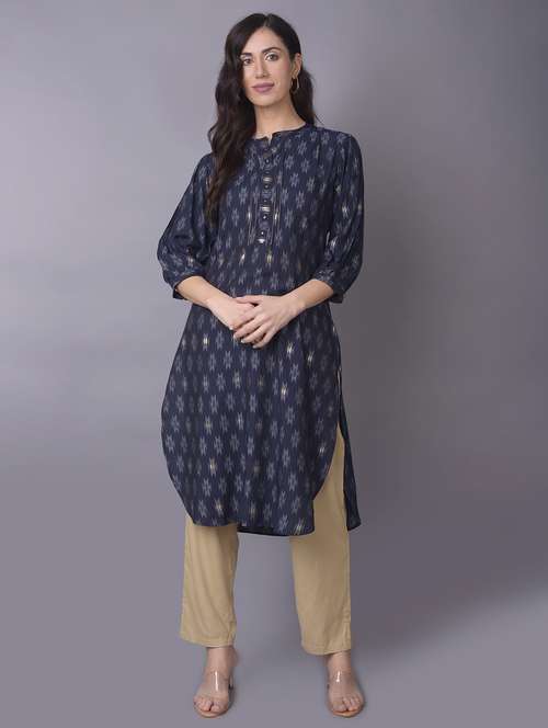 women navy blue bell sleeves flared kurta - 21468073 -  Standard Image - 0