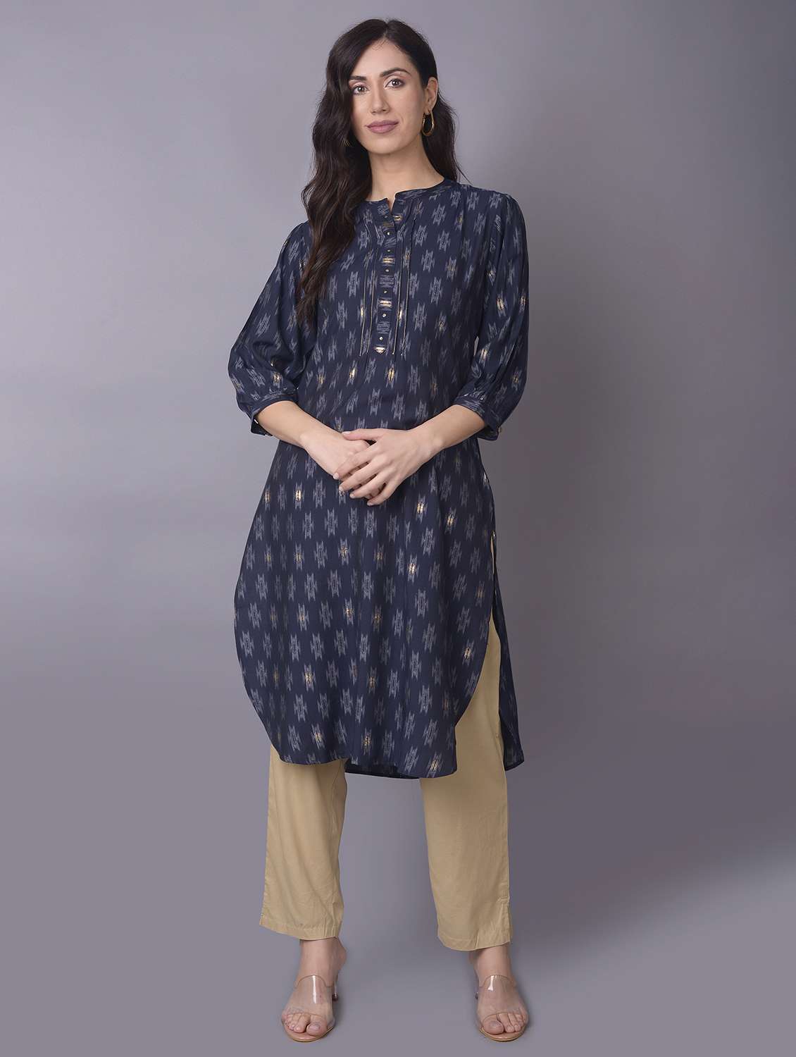 women navy blue bell sleeves flared kurta