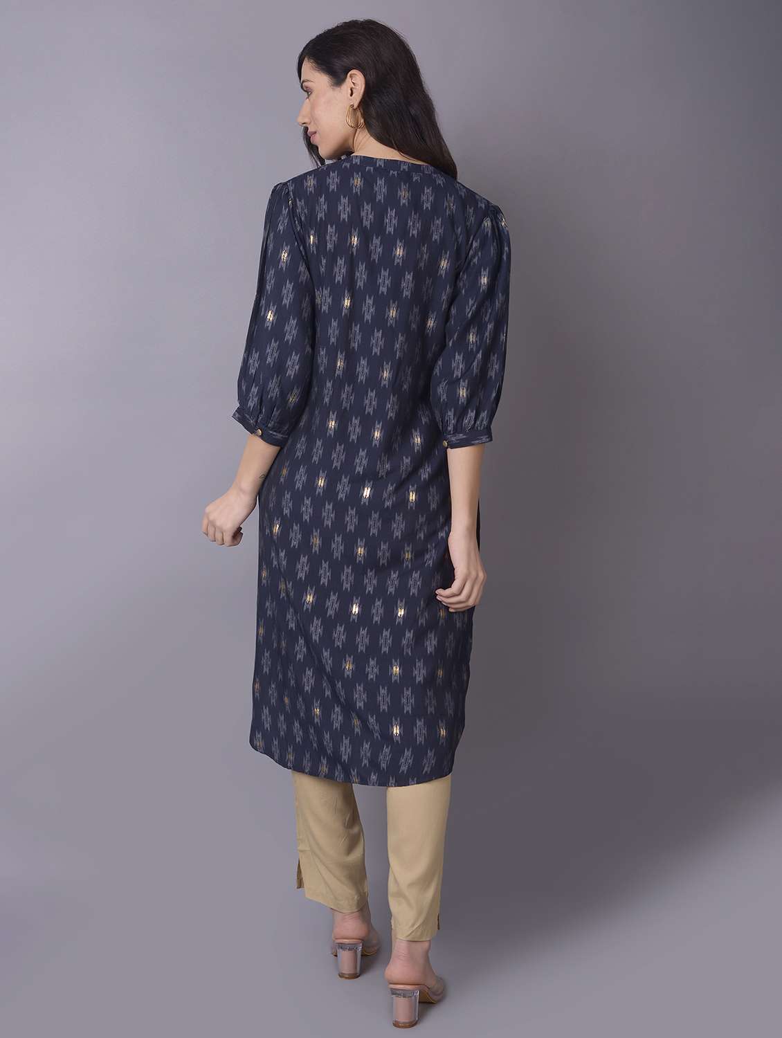 women navy blue bell sleeves flared kurta - 21468073 -  Standard Image - 3