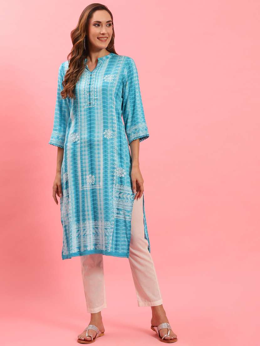 women light blue tie &dye straight kurta - 21468085 -  Zoom Image - 0