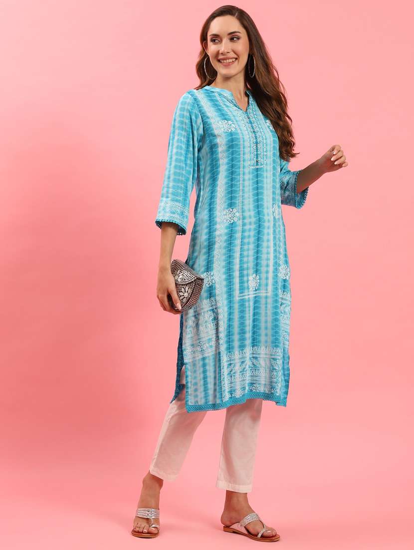 women light blue tie &dye straight kurta - 21468085 - Standard Image - 3