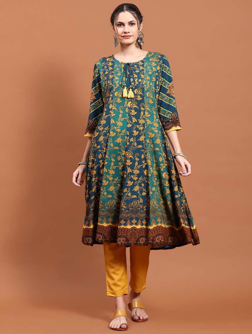 women teal green rayon a-line kurta