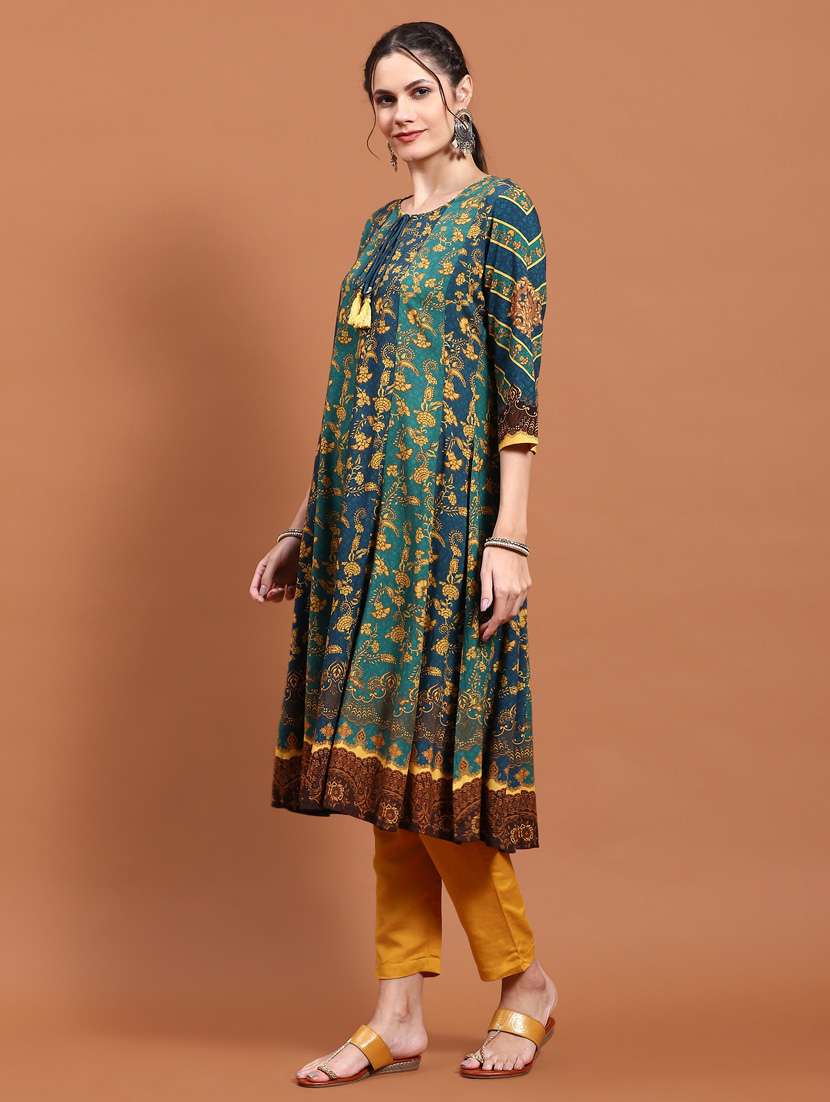 women teal green rayon a-line kurta - 21468122 -  Standard Image - 3
