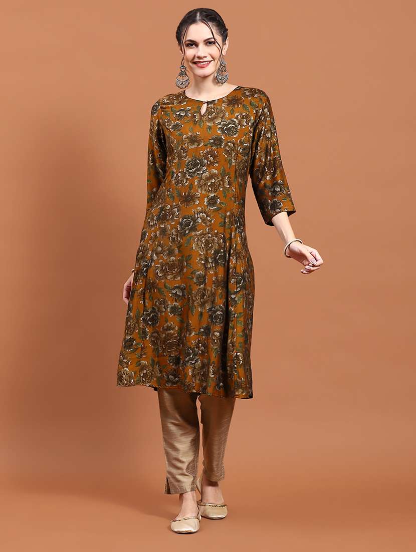 women mustard floral printed a-line kurta