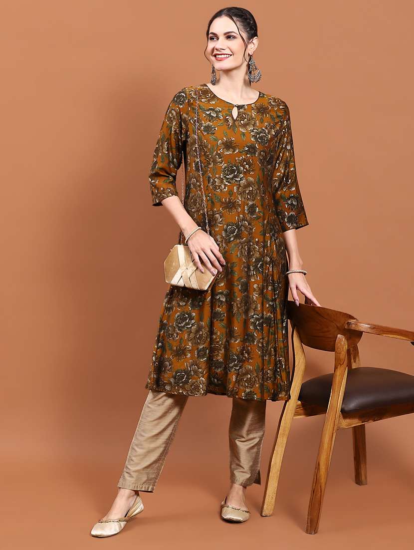 women mustard floral printed a-line kurta - 21468125 -  Standard Image - 3