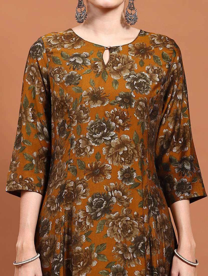 women mustard floral printed a-line kurta - 21468125 -  Standard Image - 5