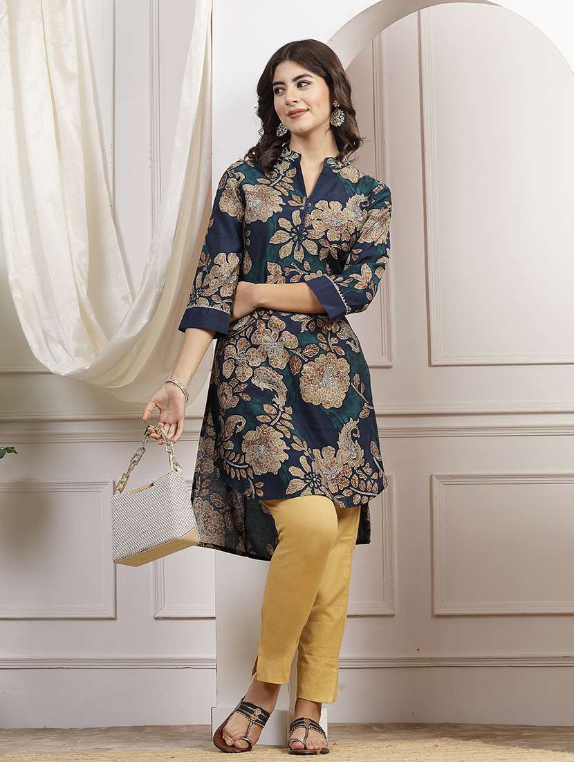 women navy blue chanderi high low kurta