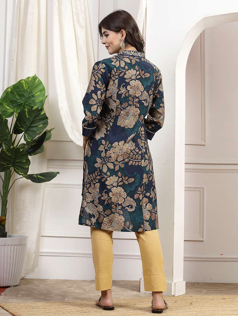 women navy blue chanderi high low kurta - 21468490 -  Standard Image - 3