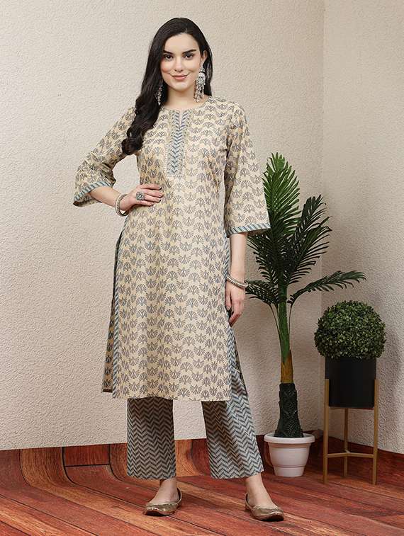 women beige printed kurta palazzo set - 21468555 - Zoom Image - 0