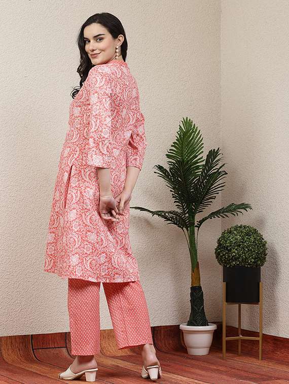 women peach printed kurta palazzo set - 21468559 -  Standard Image - 3