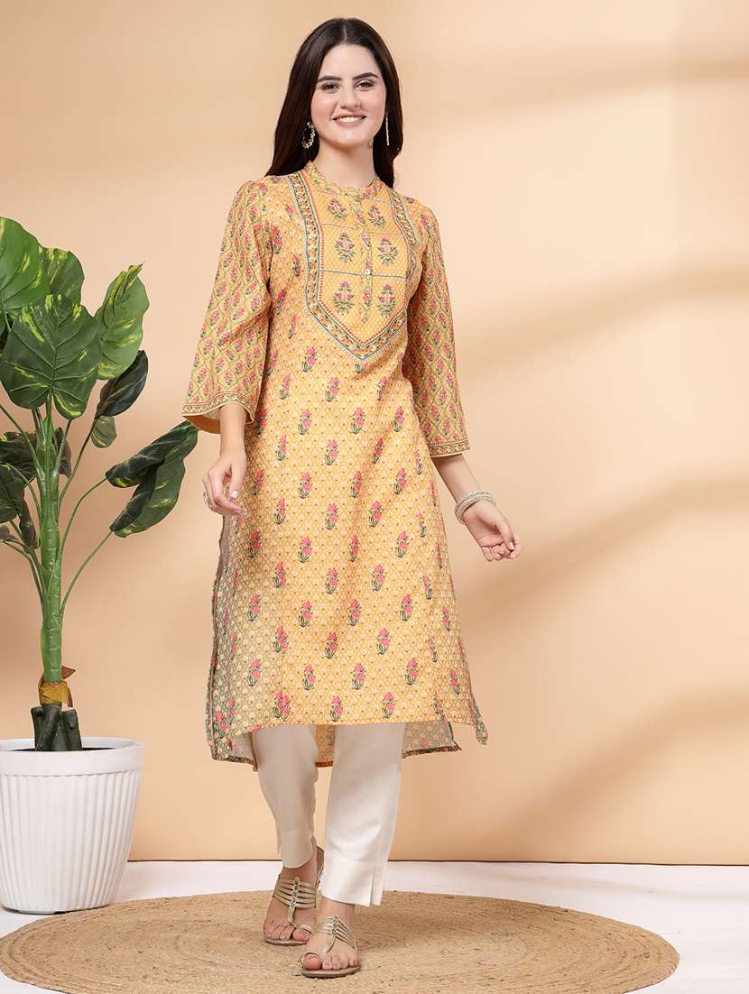 women mustard printed kurta pant set 