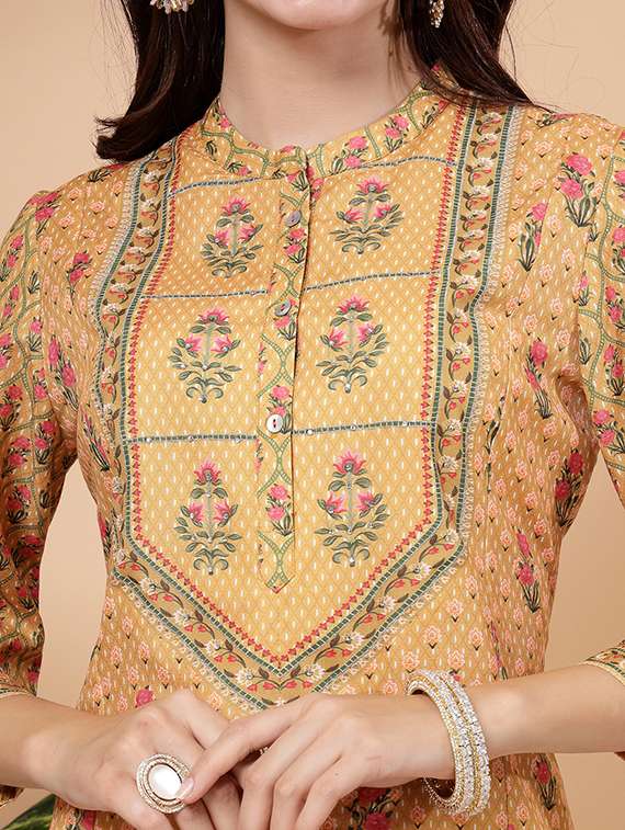 women mustard printed kurta pant set  - 21468584 -  Standard Image - 5