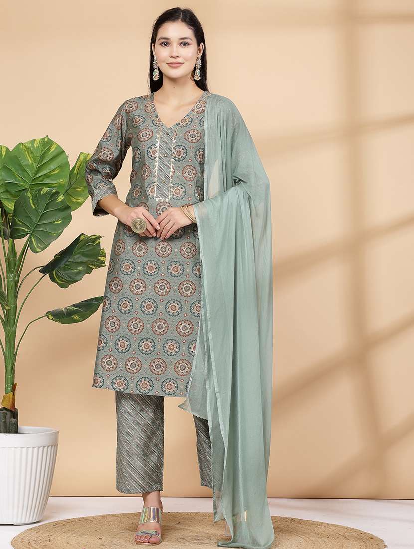 women grey printed kurta pant set with dupatta