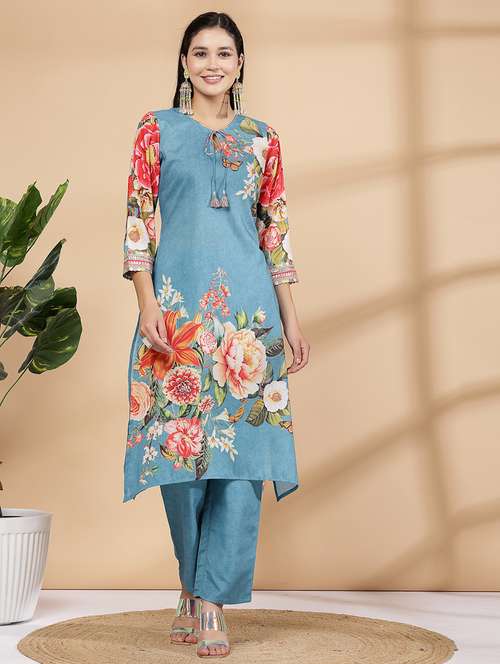 women light blue floral printed kurta pant set  - 21468592 -  Standard Image - 0