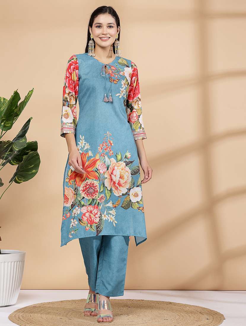 women light blue floral printed kurta pant set 