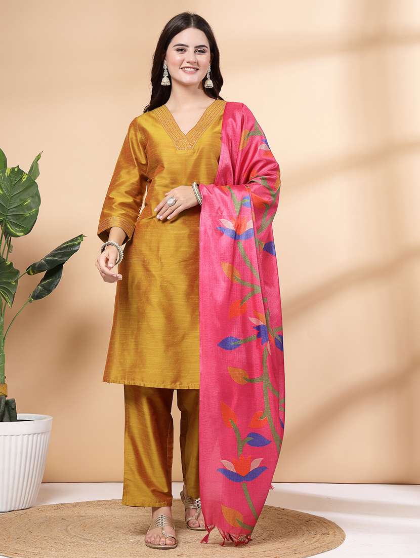 women mustard kurta palazzo set 