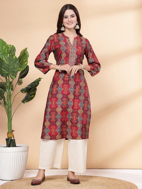women maroon printed kurta palazzo set - 21468621 - Standard Image - 0