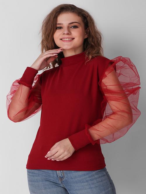 women red solids puff sleeves top - 21472424 - Standard Image - 0