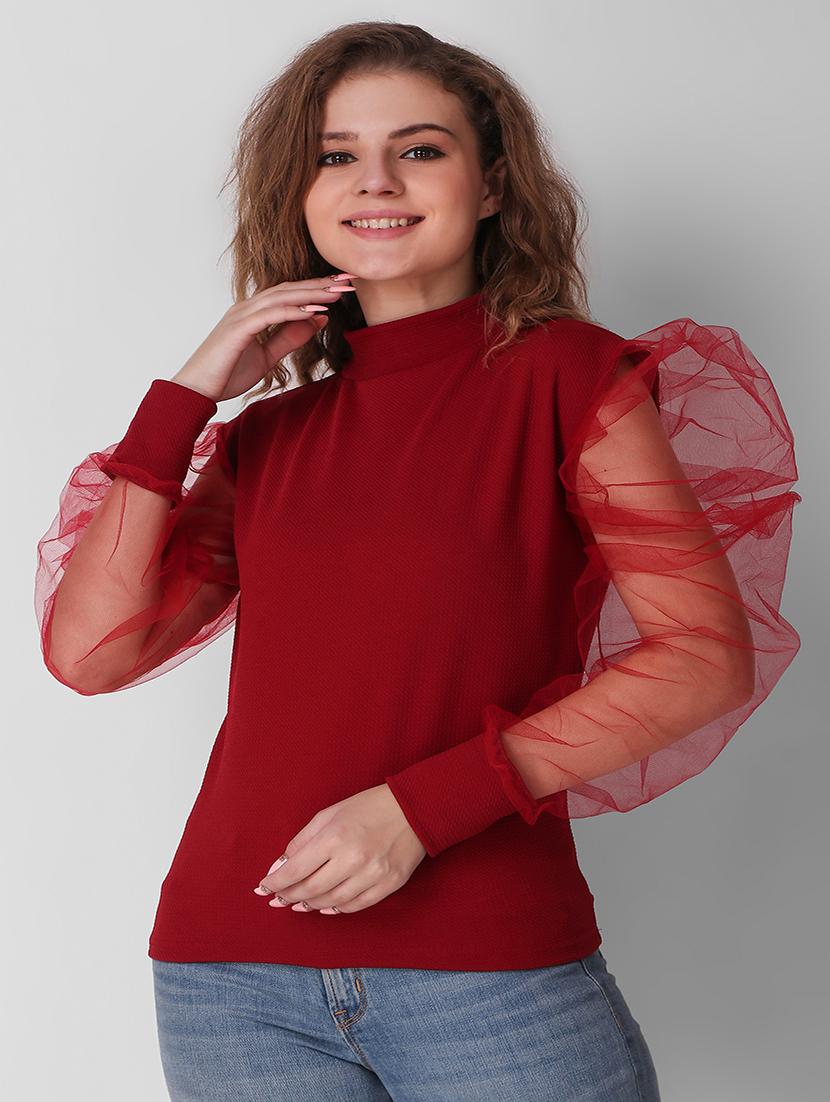 women red solids puff sleeves top - 21472424 - Zoom Image - 0