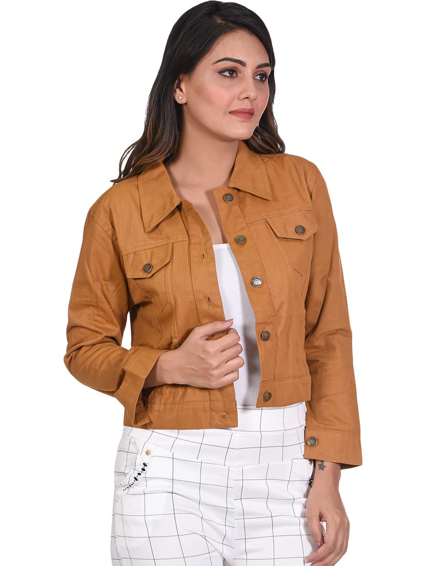 tan solid denim jacket - 21473221 - Zoom Image - 0