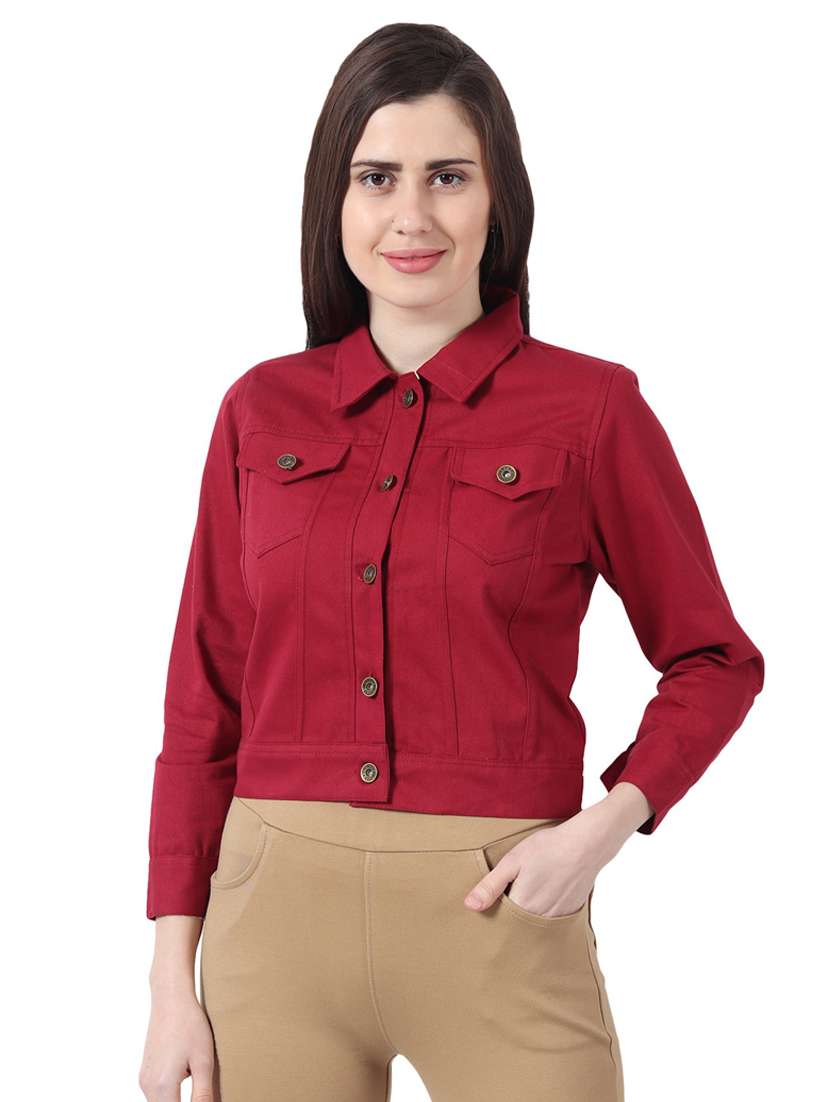 women spread collar solid denim jacket - 21473334 - Zoom Image - 0