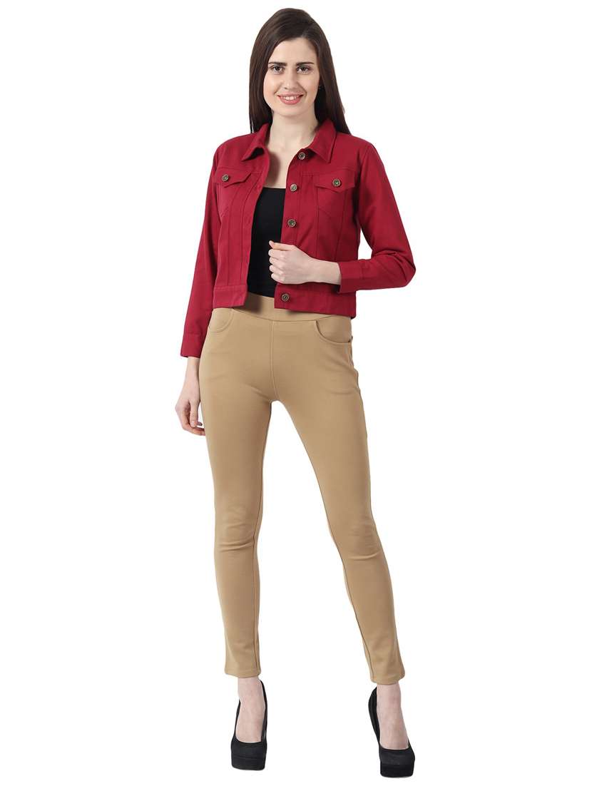 women spread collar solid denim jacket - 21473334 - Standard Image - 3