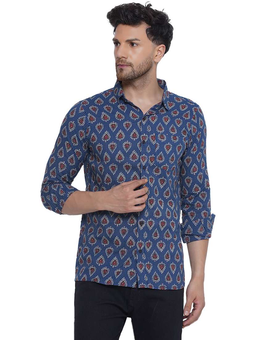 men printed long sleeve cotton casual shirt