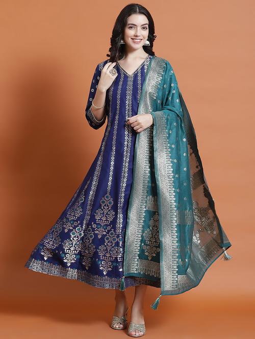 women blue self design kurta dupatta set - 21473662 - Standard Image - 0