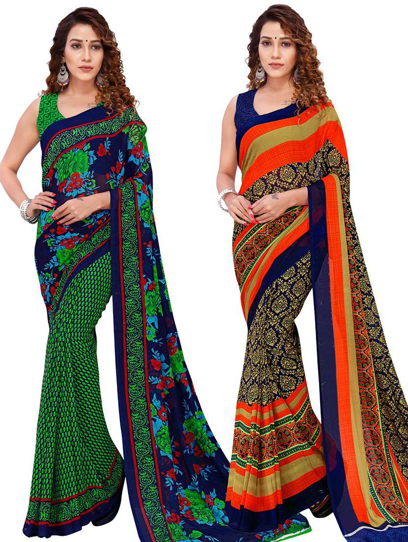 women pack of 2 printed casual wear saree with blouse