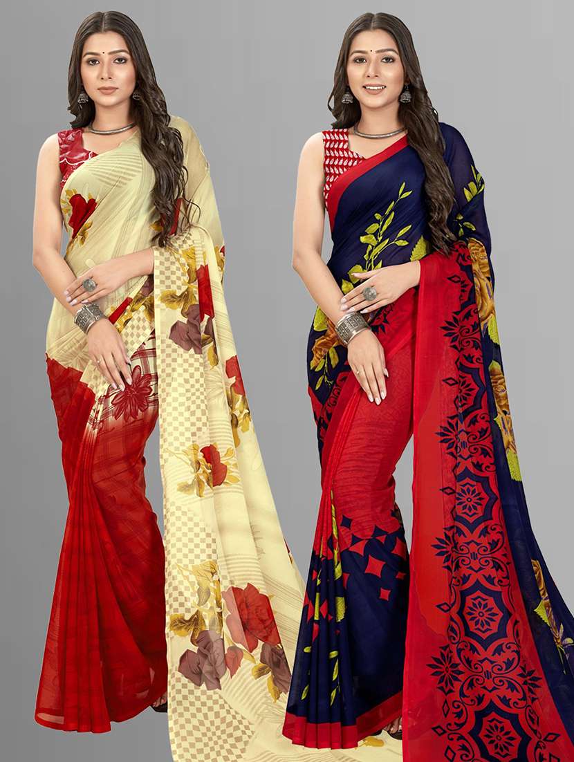women pack of 2 printed casual wear saree with blouse