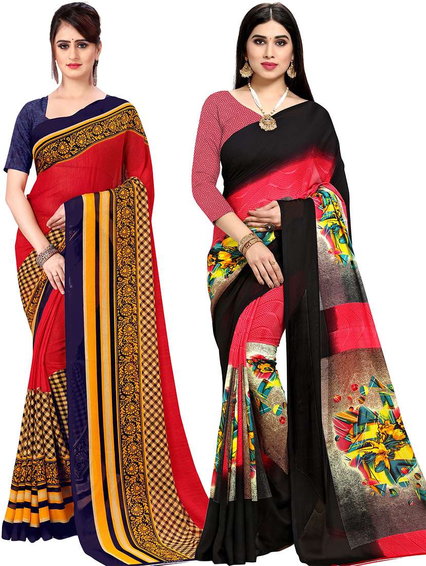 women pack of 2 printed casual wear saree with blouse
