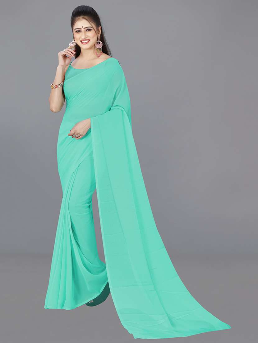 women sea green solids georgette saree with blouse
