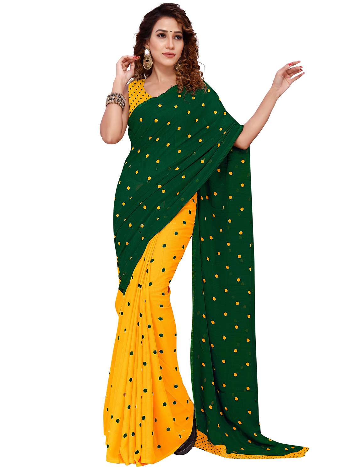 women yellow printed saree with blouse