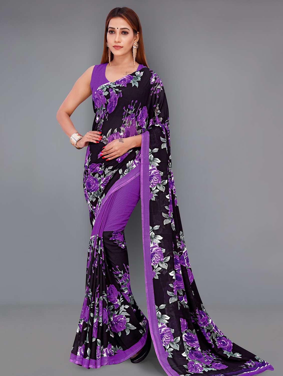 women purple printed saree with blouse