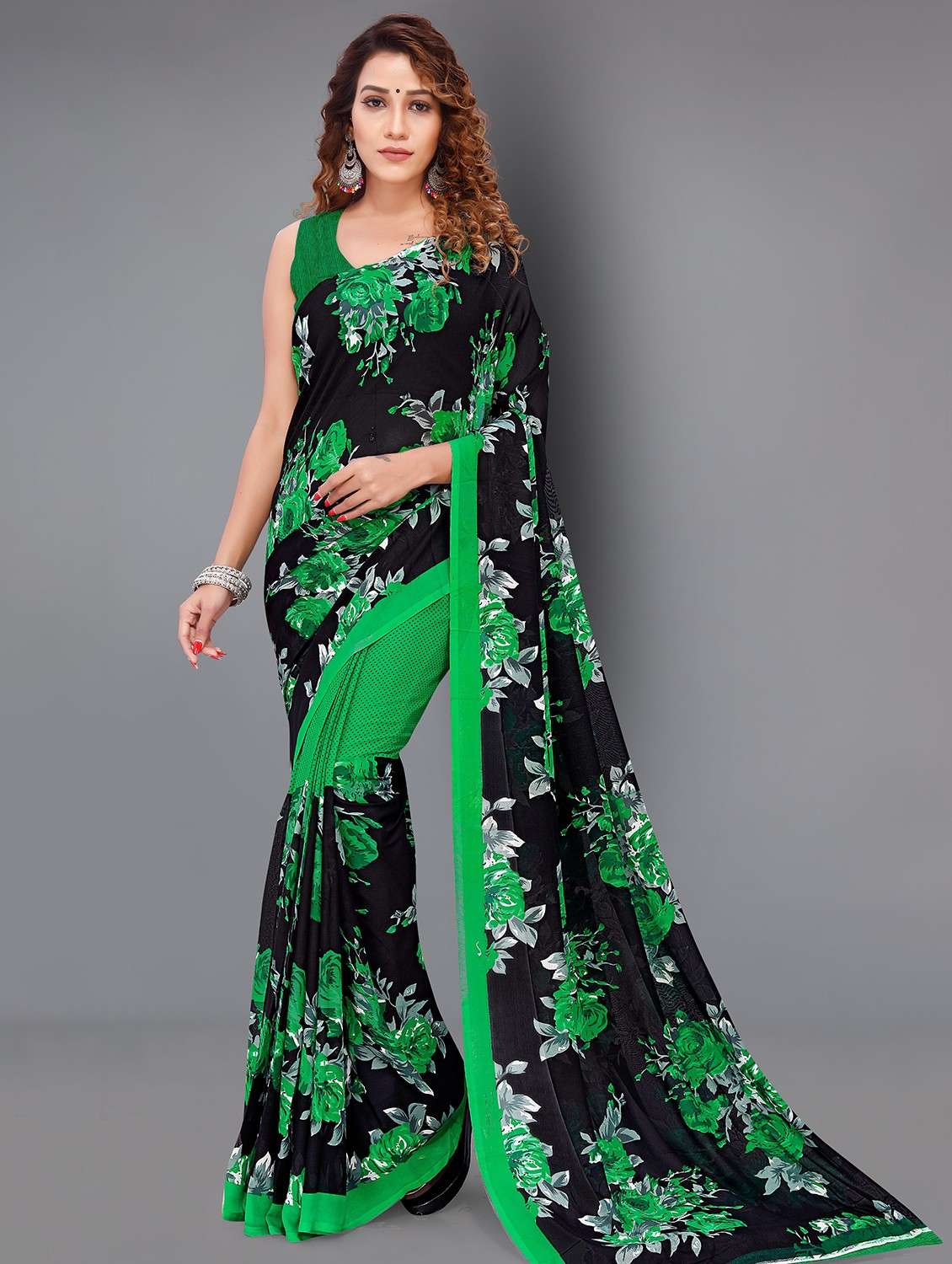 women black printed saree with blouse