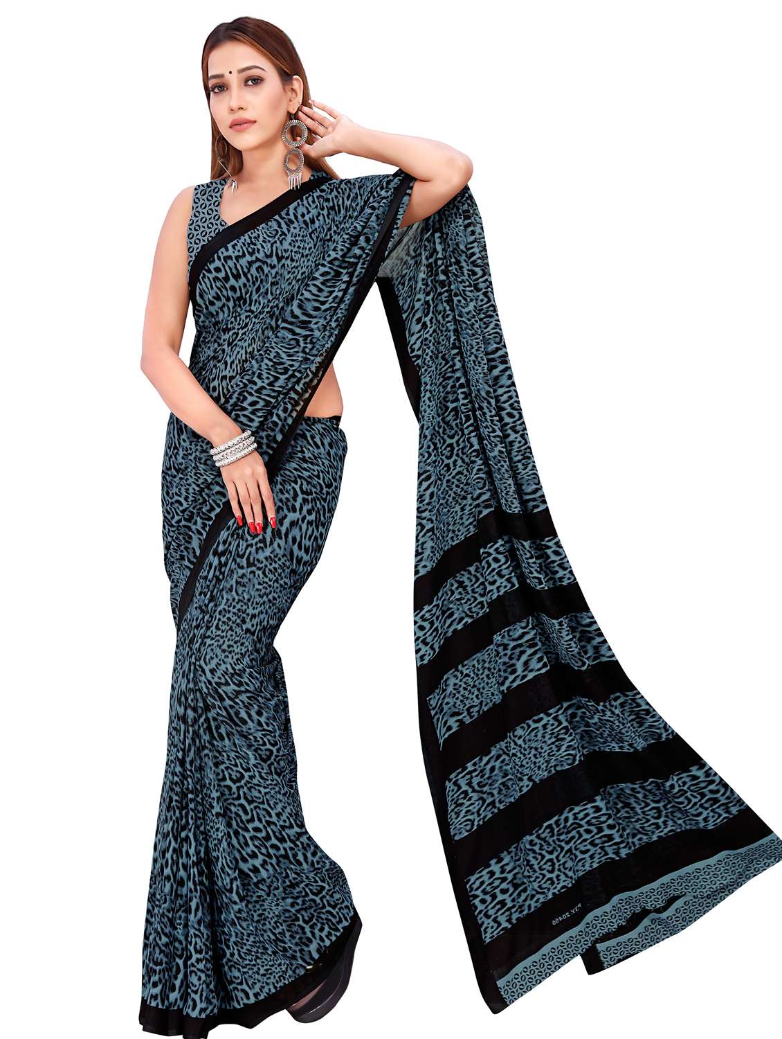 women green printed saree with blouse