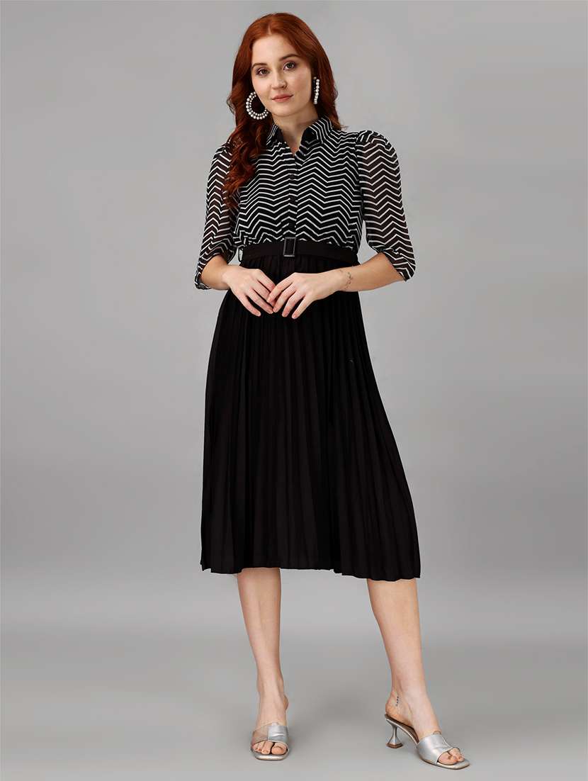 women shirt collar chevron printed fit & flare dress - 21481383 -  Zoom Image - 0