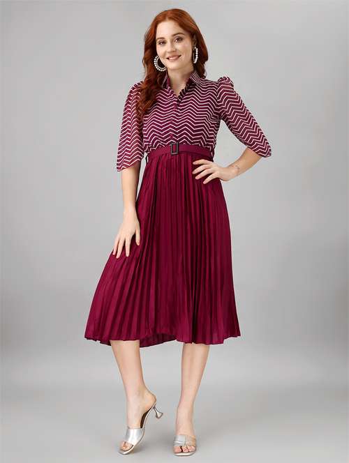 women chevron puff sleeves belted dress - 21481385 - Standard Image - 0