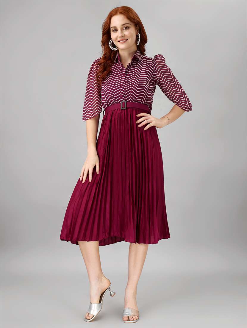 women chevron puff sleeves belted dress - 21481385 - Zoom Image - 0