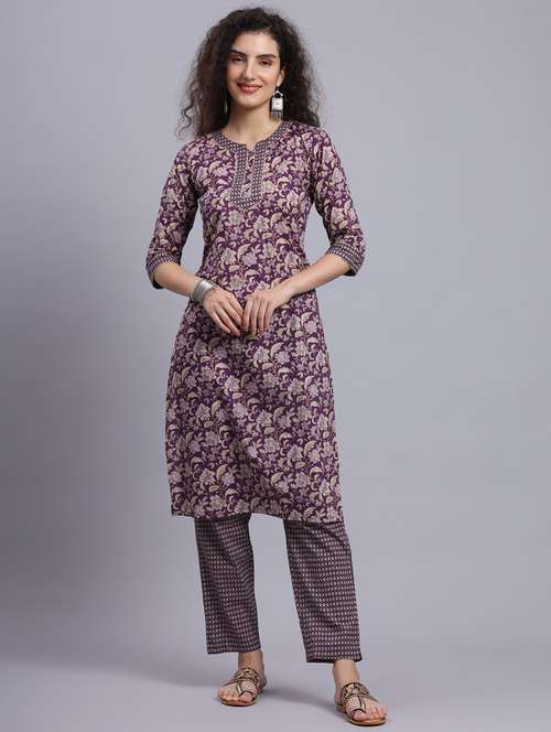 women purple floral printed kurta pant set - 21481535 -  Standard Image - 0