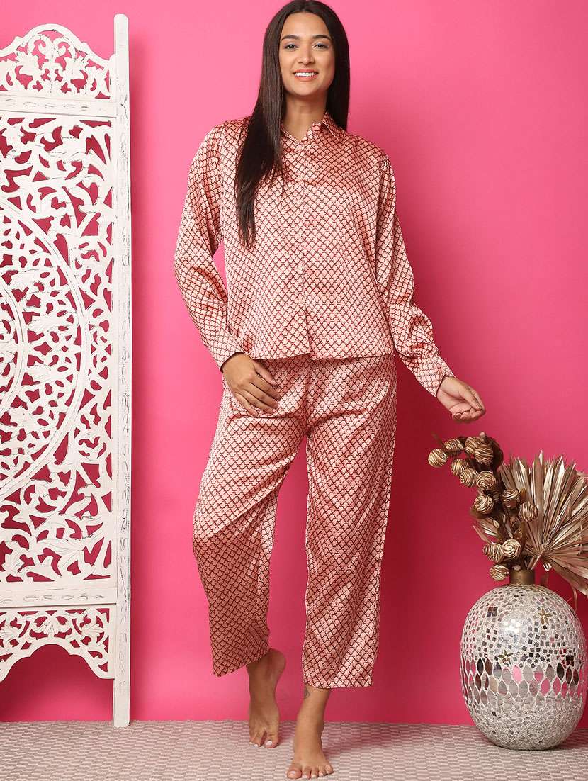 women peach satin printed nightwear set