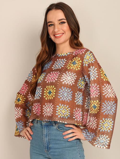 women brown cotton blend regular top - 21482479 - Standard Image - 0